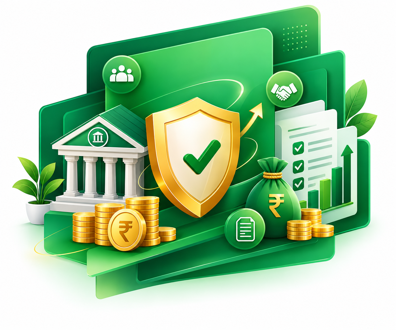 Financial security, banking, rupee savings and growth illustration